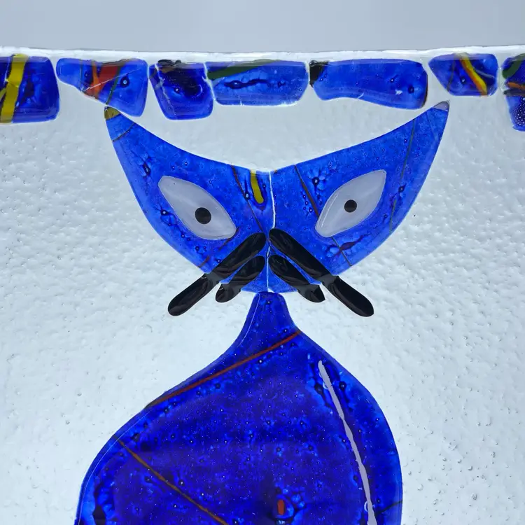 Blue Cat Kitty Kitten Mosaic Fused Art Glass Plate Bowl Vintage