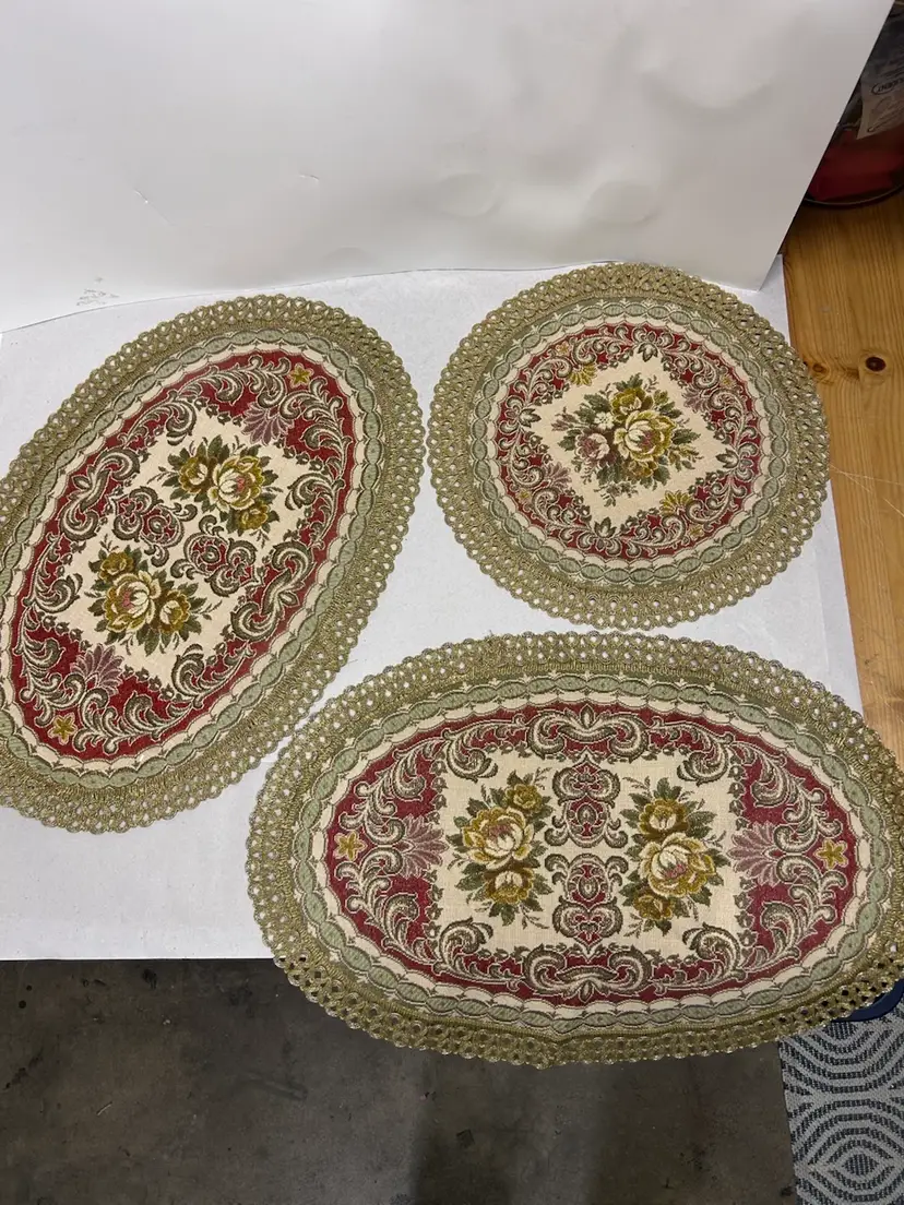 3 Vintage Tapestry & Metallic Lace Edged Doilies- Runner Velvet Backed