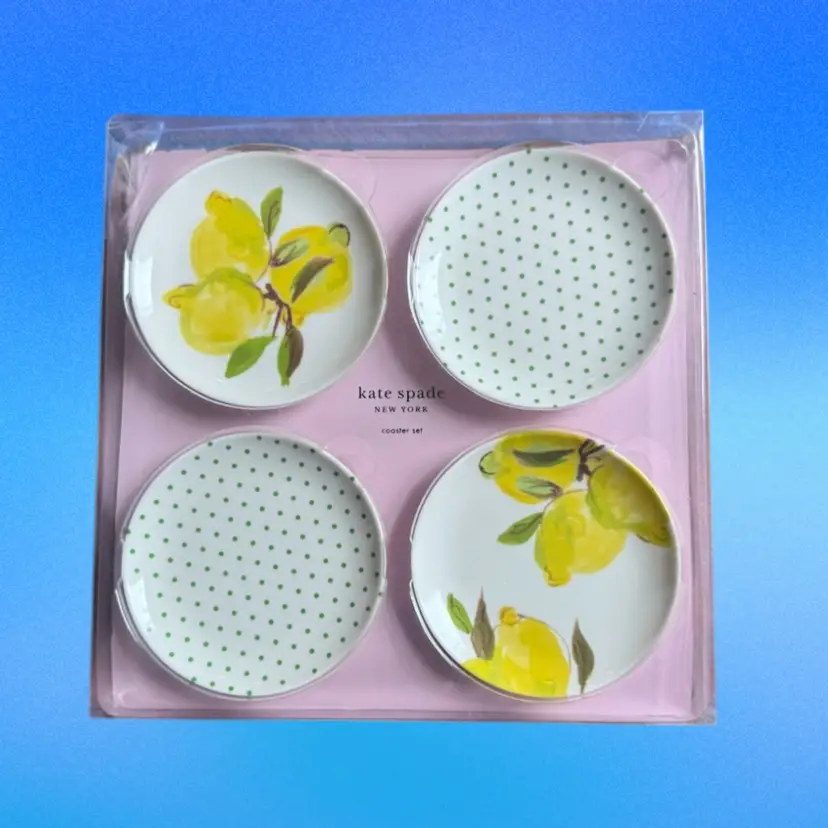 Kate Spade Lemon Melamine Coasters Set of 4 Lemons And Polka Dot NIB 
4”