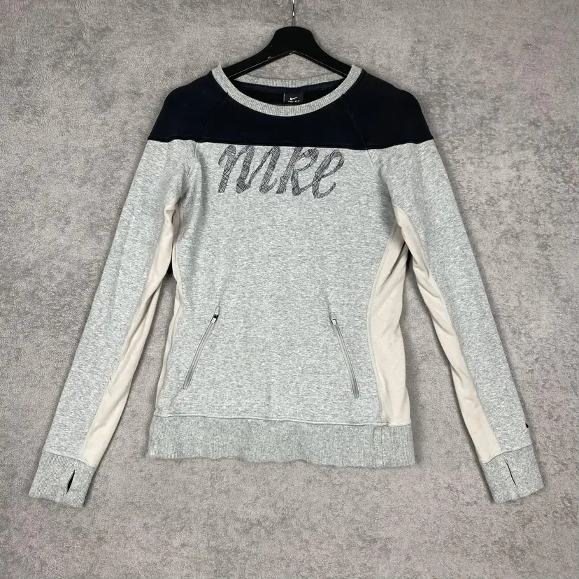 Nike Sweatshirt Womens Small Gray Navy Dri-FIT Thumbholes Zip Pockets Pullover J-3531