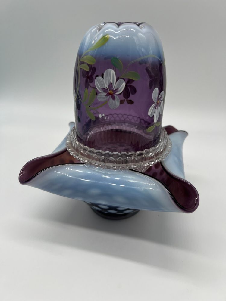 Fenton Vtg Fairy Lamp PLUM Art Glass Drape 2003 Plum Opalescent 3 Piece Coin Dot