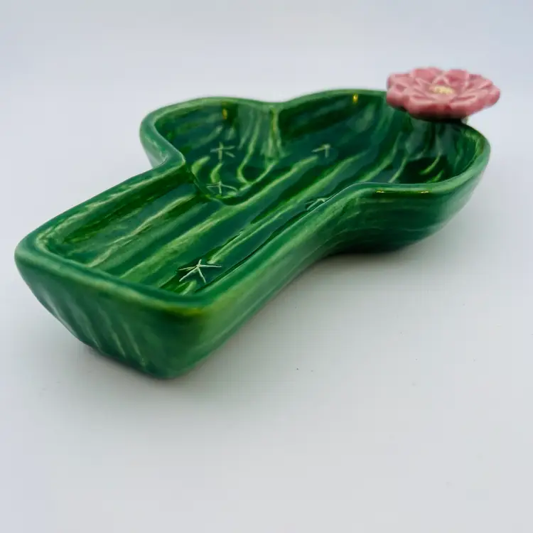 Vintage Treasure Craft USA Seguaro Cactus With Pink Flower Spoon Rest Trinket Dish 7 1/2"