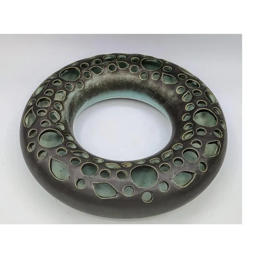 Vintage Davis Pottery Round Green Floral Frog