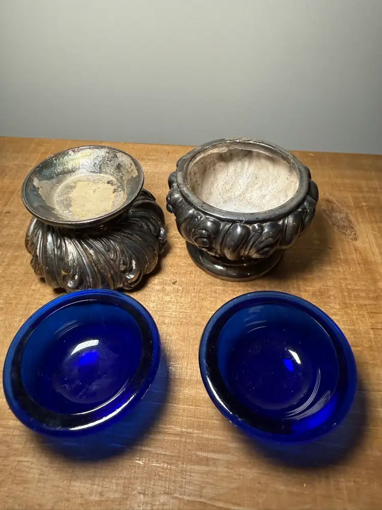 Pair of Weidlich Bros Silverplate Salt Cellars with Cobalt Blue Glass Inserts