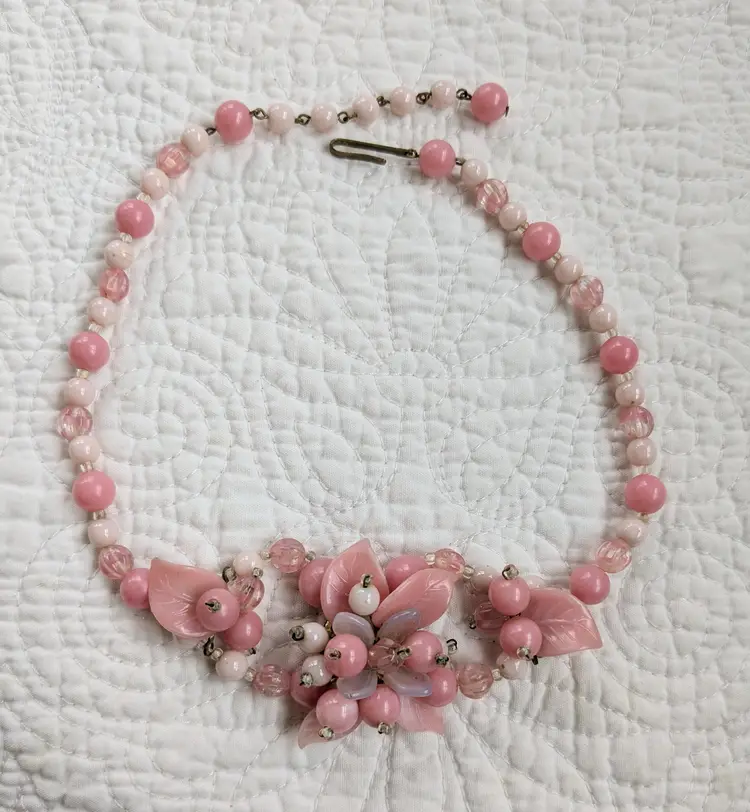 Vintage Pink Czech Glass Choker Necklace with Flower Blossom Design