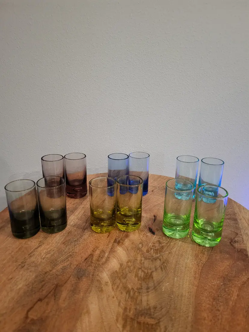 Vintage Mouth Blown Glass Multi Colored Shot Glasses Set of 12