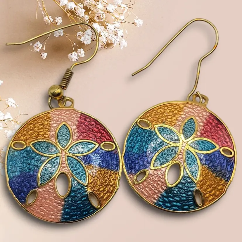 Vintage Cloisonne Hand Painted Enamel Brass Earrings Pierced Dangle Sand Dollars