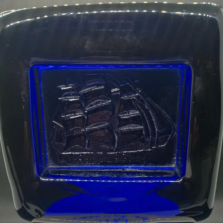 Swedish Glass Kosta Boda Designed By Erik Hoglund Relief Ship Deep Cobalt Blue