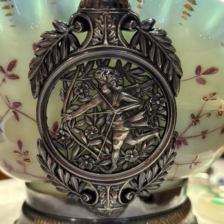 Antique Victorian Mid-1800s Cased Ruffled Edge Hand Painted Brides Basket Bowl With Meriden Quadruple Plated Silver Cherub Holder— Bowl 12” X 7.5” Basket Stand 12” Tall