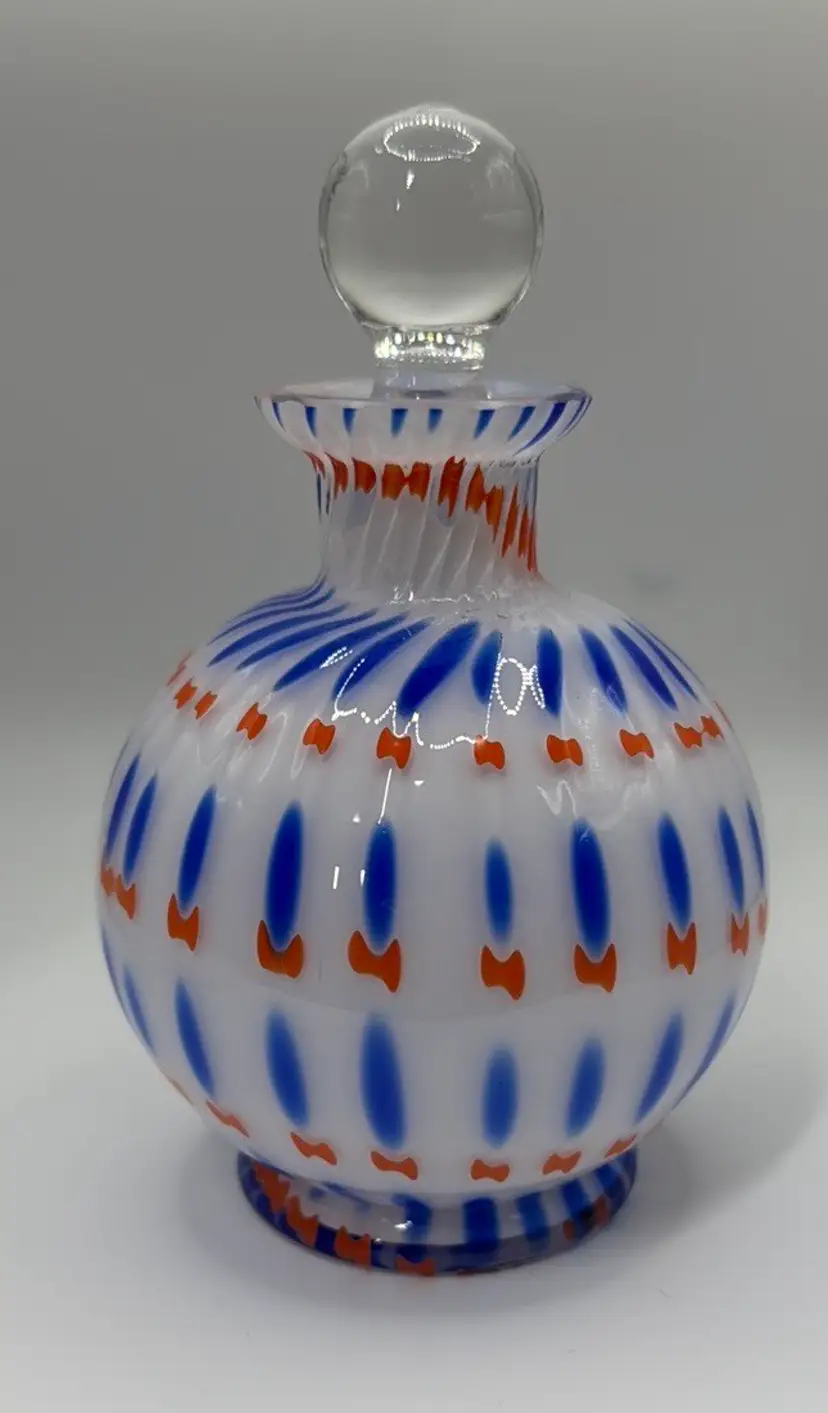 Perfume bottle White with Blue and Orange hand blown Glass 5.75” tall