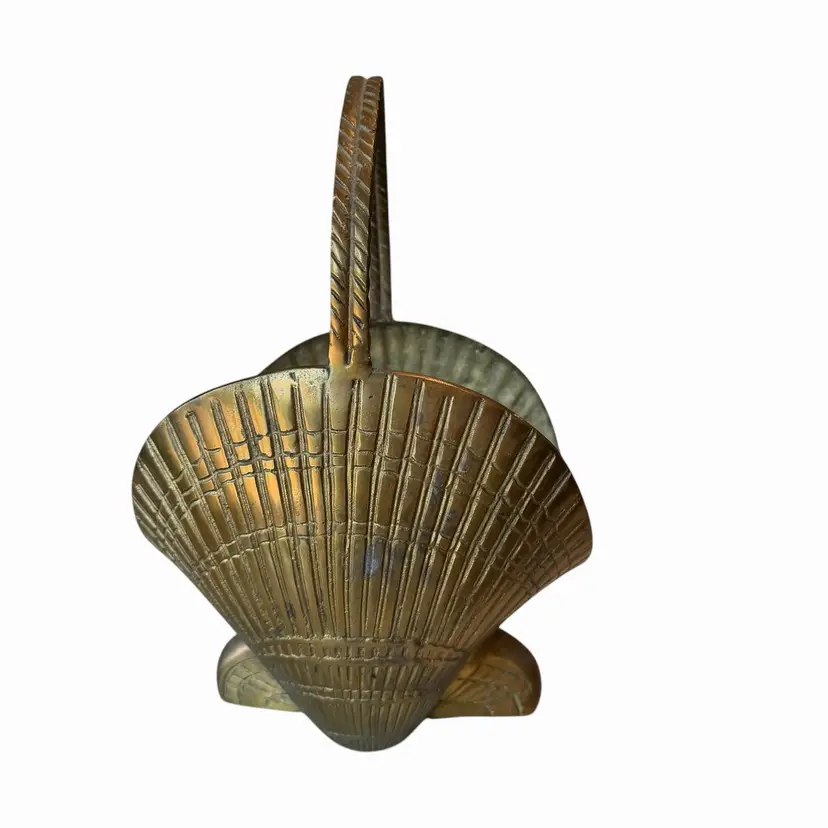 Vintage Heavy Coastal Solid Brass Mid-20th Century Clam Shell Basket.Beach Decor