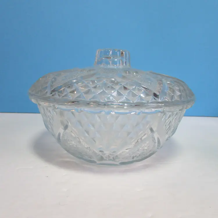 vintage Indonesia clear glass covered candy dish heart design