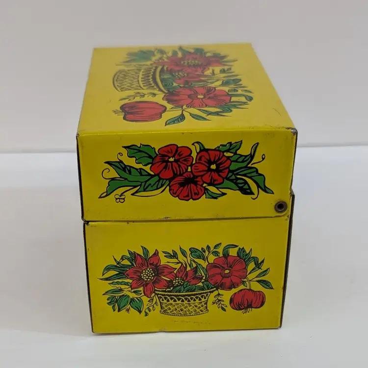 Vintage Syndicate MFG Yellow Flowers  Tin Metal Recipe Address Box Decorative