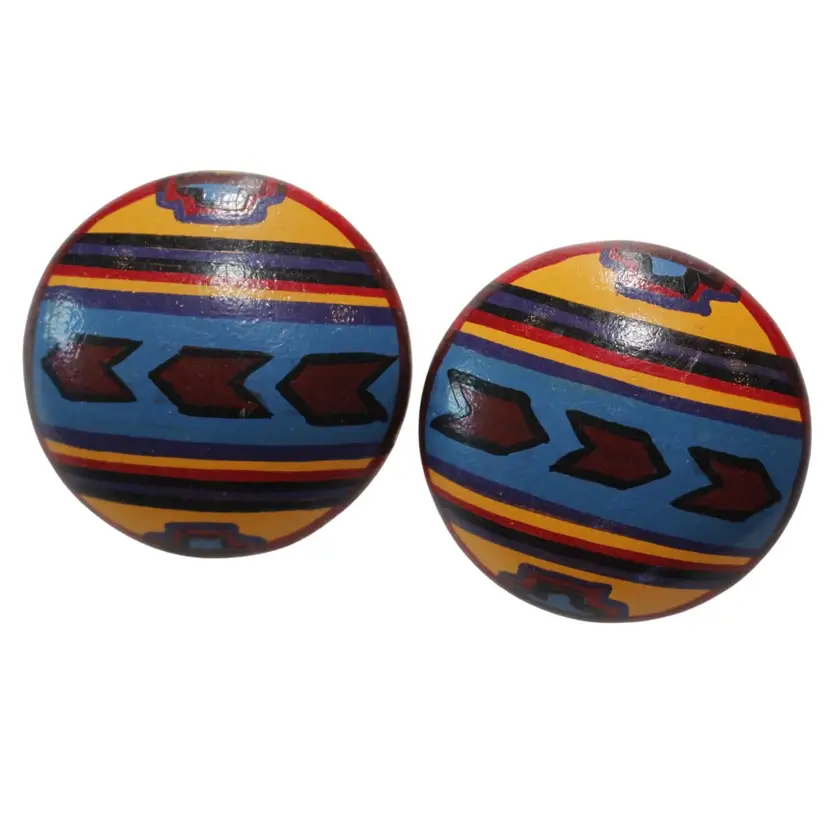 Handmade Jewelry Large Hand Painted Folk Art Colorful Wooden Round Post Earrings, 1.75"
