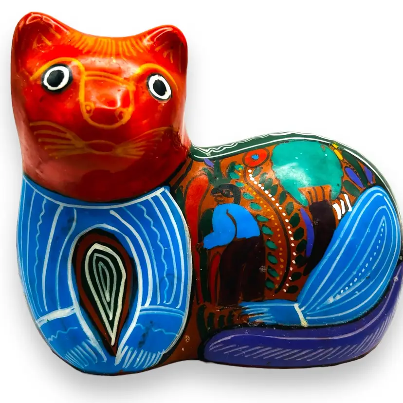 Handpainted Pottery Folk Art Cat With People