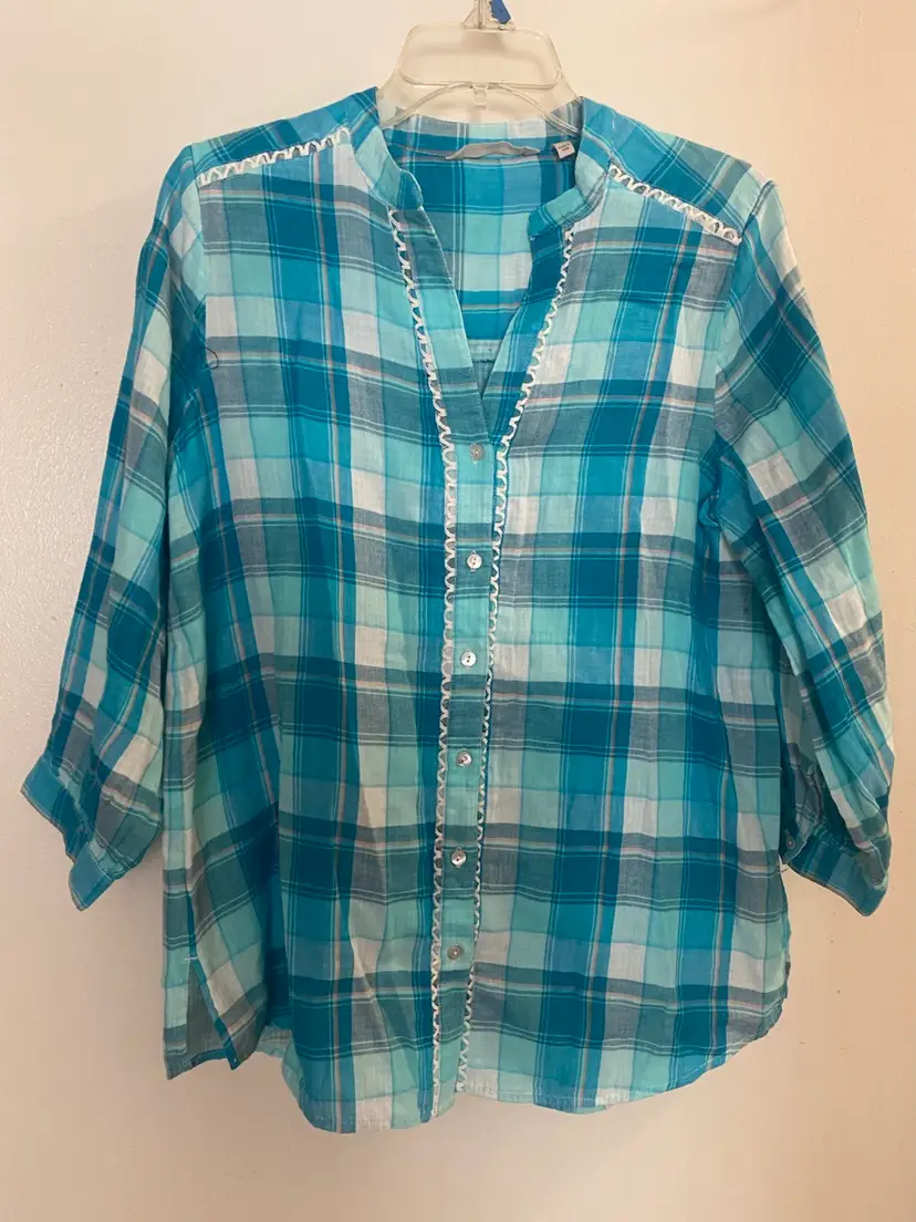 Soft Surroundings Womens Sun Soaked Top Blouse M Teal Blue Plaid Button Up