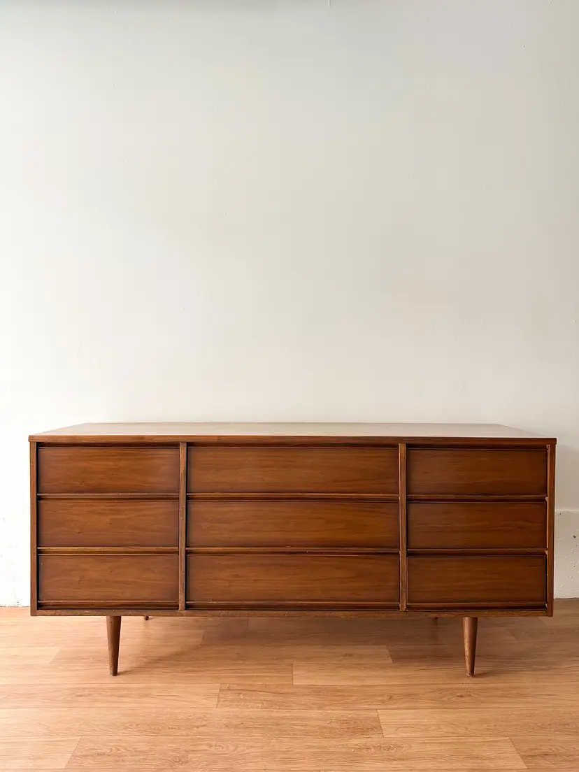 Vintage Walnut Nine Drawer Dresser by Drew Furniture