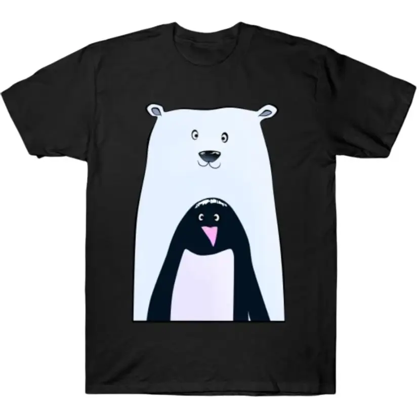 Black T-Shirt with Polar Bear and Penguin Graphic Size Medium