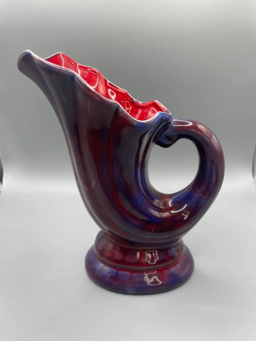 Blue And Red Purple Ceramic Swirled Horn Marked Canada