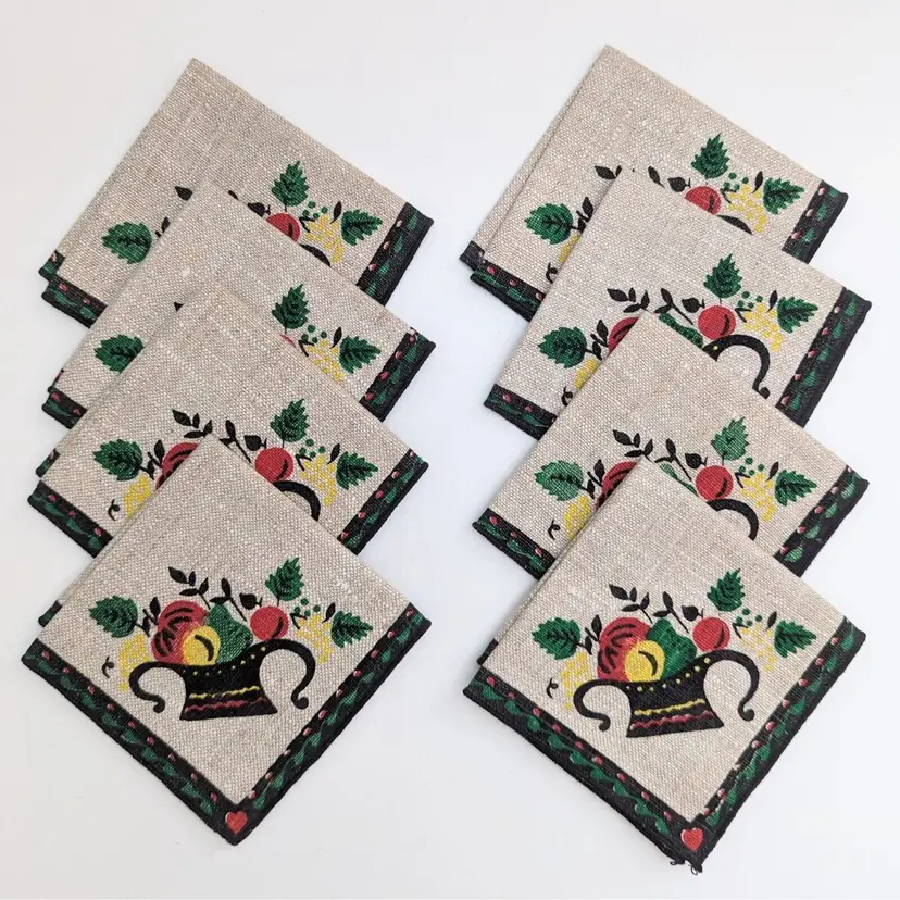 Set of 8 Vintage Mid Century Fabric Cocktail Napkins Black Red Basket