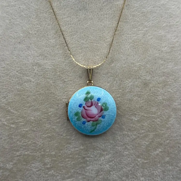 Blue Pink Rose Guilloche Enamel Locket Necklace Gold Tone - 28” Screw Back Chain