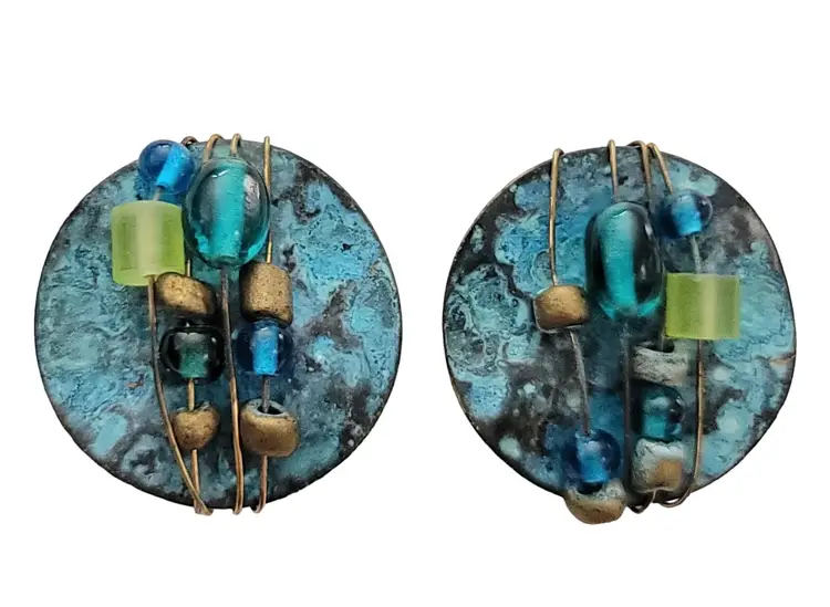 Artisan Style Metal Enamel Glass Bead Clip On Earrings K183