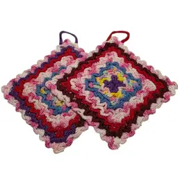 Vintage Hand-Crocheted Colorful Square Potholders Set Of 2