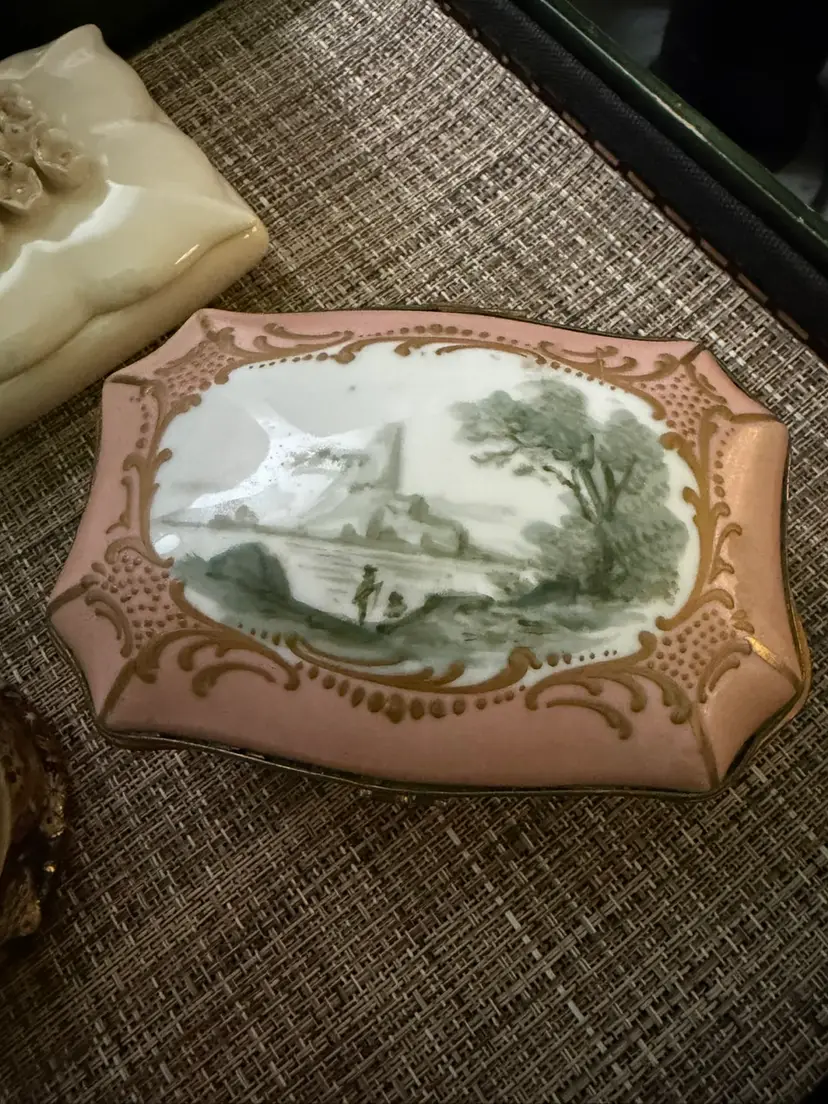 Trinket Box Porcelain Vintage Hand Painted Scenic Landscape Cartouche Pink Ground Raised Gold Decoration Hand Painted Floral Rose Interior & Base France
