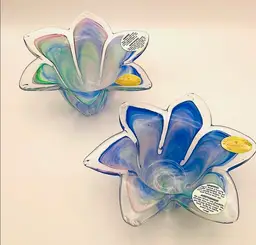 2 Vintage “Murano Art Glass” Votive Flower Form Dish Pastel Italy Candleholders