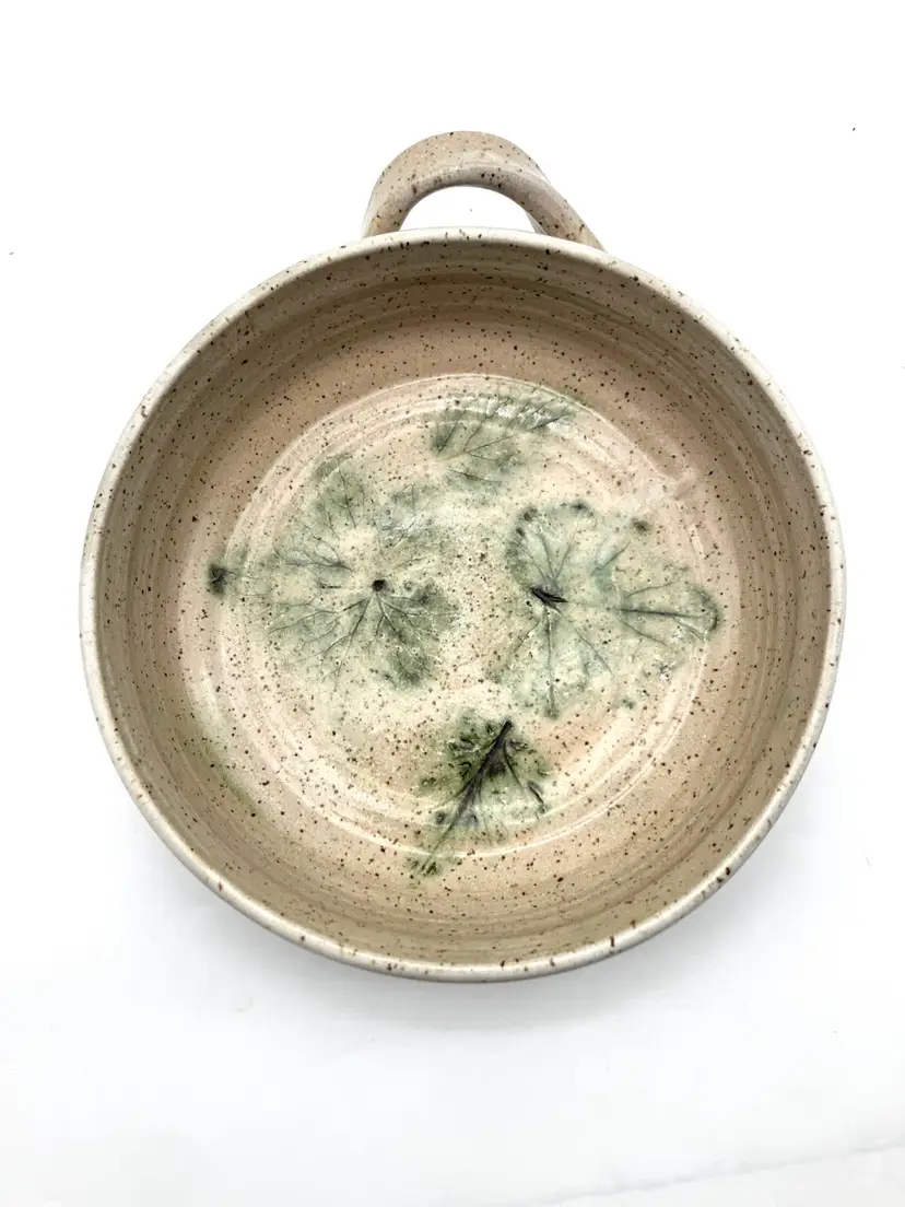BIN - Handmade Studio Stoneware Pottery Soup Crock Bowl 7.25” With Leaf Impressions By Ann Baier