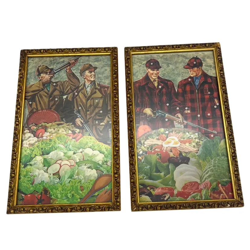 Teresa Petersen Salad Shooters Collage Art Pair Hunters & Vegetables Detroit Michigan Mixed Media Framed Wall Decor 2010 10.5" x 6.25"