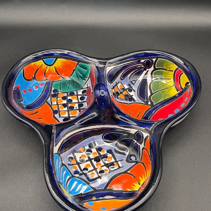 #21 Gorgeous Multicolor Floral Talavera Mexican Folk Pottery 3-Sectional Divided Serving Dish 9”