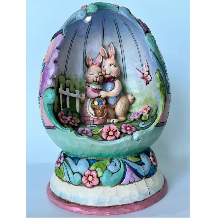 Jim Shore - “Spring Love”-Bunnies- Butterfly  Egg- Lights Up -Figurine- Quilt Patterns Collection: Spring Fancy-7” Tall, 5” Wide - 2009