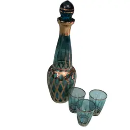 Bohemian Glass Decanter With 3 Matching Cups Decanter 14” T X 5” W Cups 3.5” T X 3” W