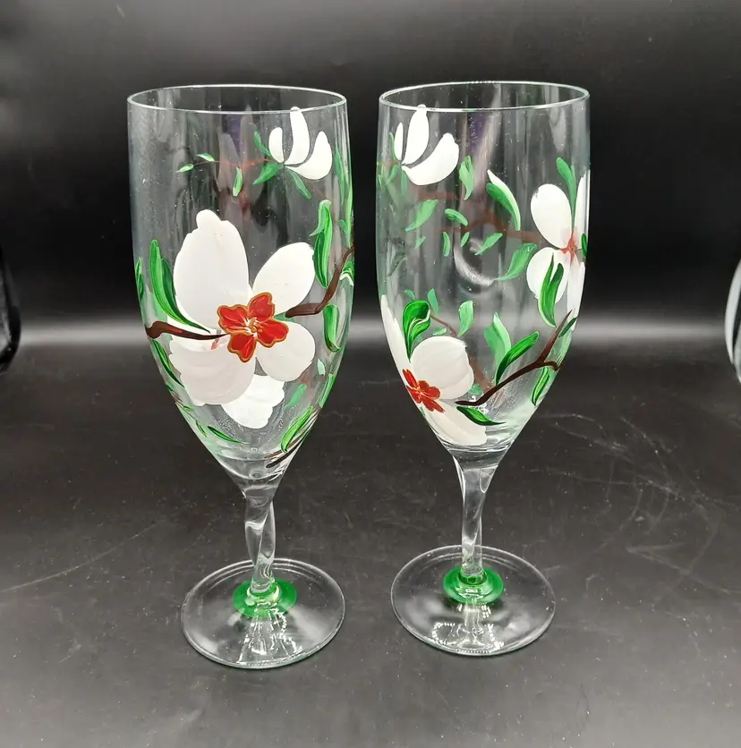 #215 - Pair of Hand-Painted Floral Wine Goblets, Delicate Glass, Dogwood