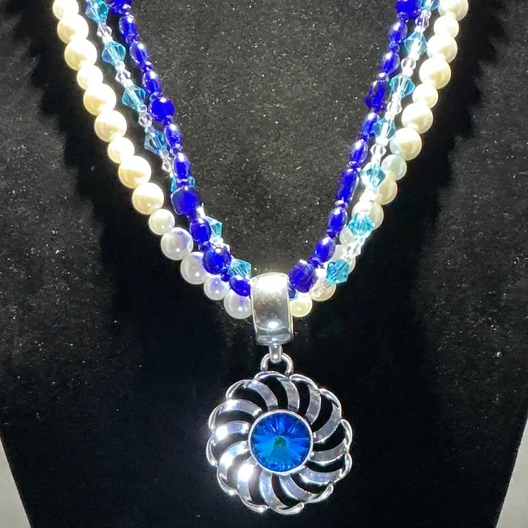 Handmade Triple Strand Bead Necklace Blue Glass Faux Pearl Pendant Statement