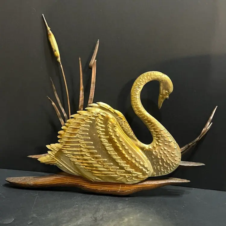 1970s Copper & Brass Swan on Wood with Cattails Wall Art ~11.25x11x1.5"