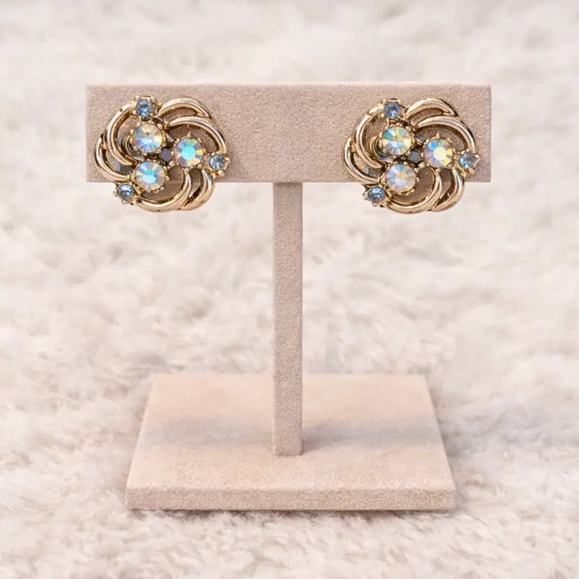 Vintage AB Rhinestone Clip On Earrings Gold Tone Cluster Retro