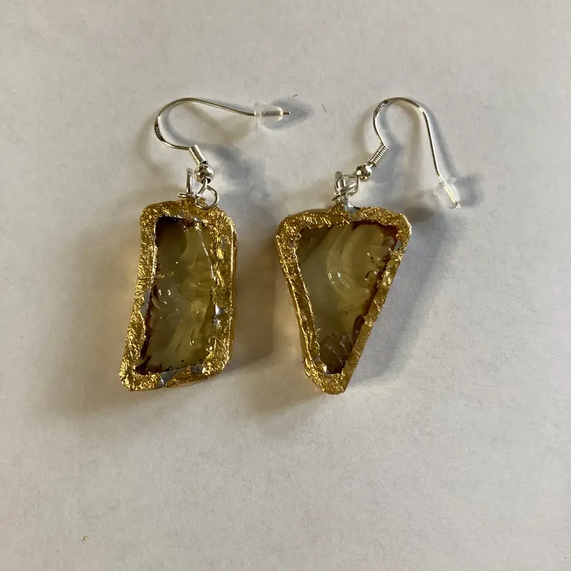 Artisan Made Dangle Earrings Yellow Depression Glass Plate Handcrafted Earrings