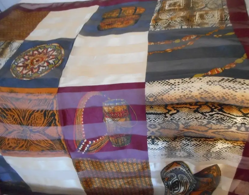 Vintage Sheer Striped African Ethnic Snake Tribal square scarf Estate find