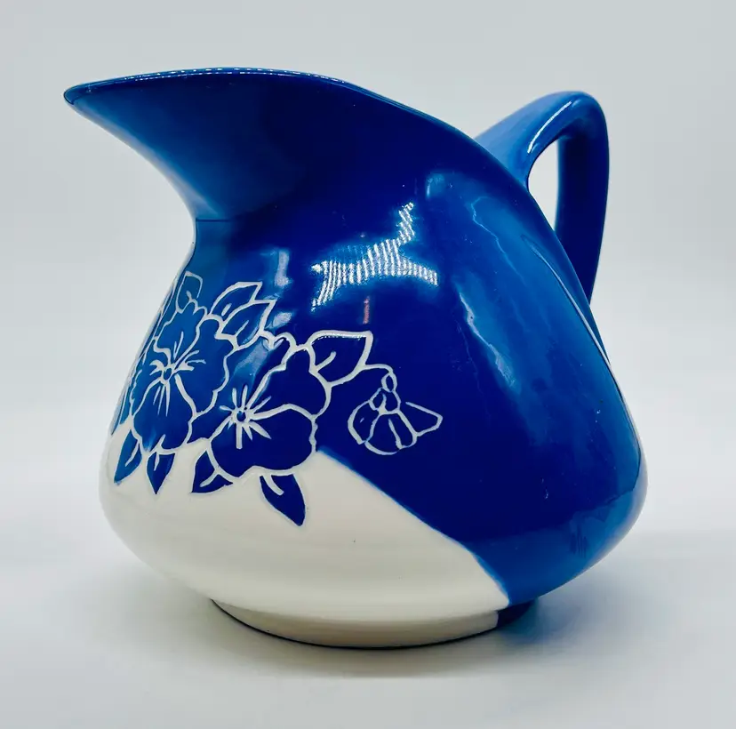 Beautiful Vintage 1969 Artist Signed MCM Pitcher Blue And White Ceramic