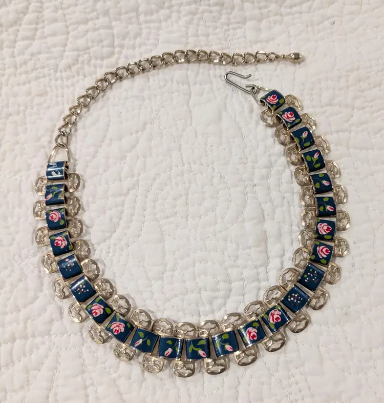 Vintage Hand Painted Choker Necklace in Gold and Navy Blue with Pink Roses, Cuba