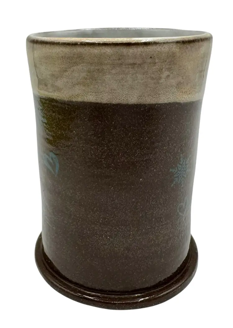 Signed MK Studio Art Pottery Abstract Handled Mug Cup Penguin Brown 8oz 2023 4”