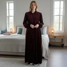 Vintage Burgundy Velour Long Robe Zip Dress House Coat Large Smock Yoke Pockets