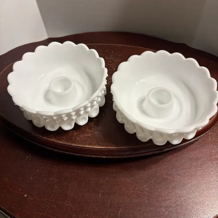 Fenton Hobnail And Thumbprint Low Milk Glass Candlestick Holders