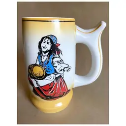 Lubiana Polish Folk Ark Yellow Painted Floral Coffee Tea Beer Mug Mustached Pirate Gypsy Girl with Whiskey Barrel