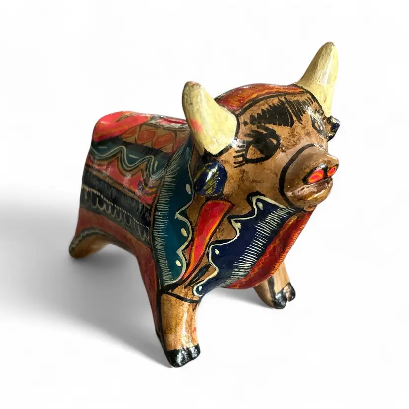 Vintage Hand Painted Multicolor Stoneware Torito de Pucará Peruvian Bull Figurine