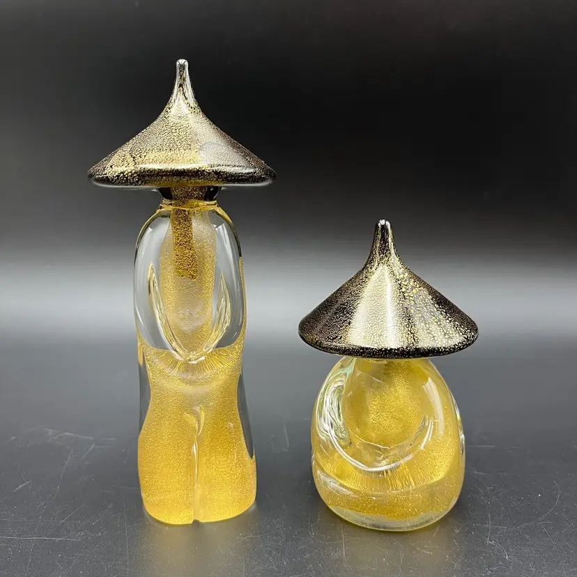 Vintage Murano Asian Oriental Couple Glass Figurines Pair Black Gold Aventurine