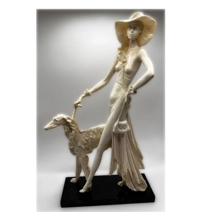 A. Santini Signed  Sculpture Figurine Elegant Lady w/ Borzoi dog  Signed Art