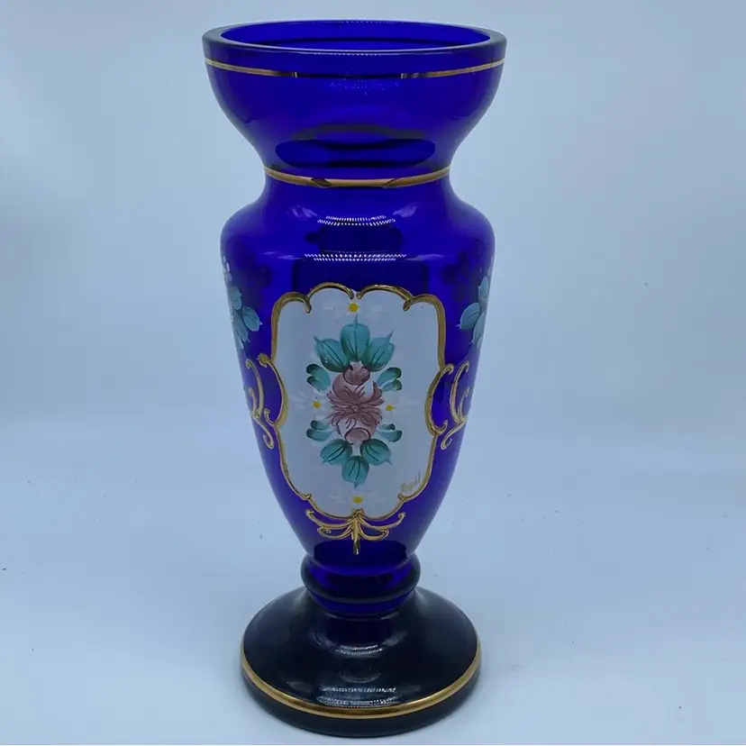 #0221 Hand-painted cobalt blue glass vase by Hut Jakub Tasice with floral motif.